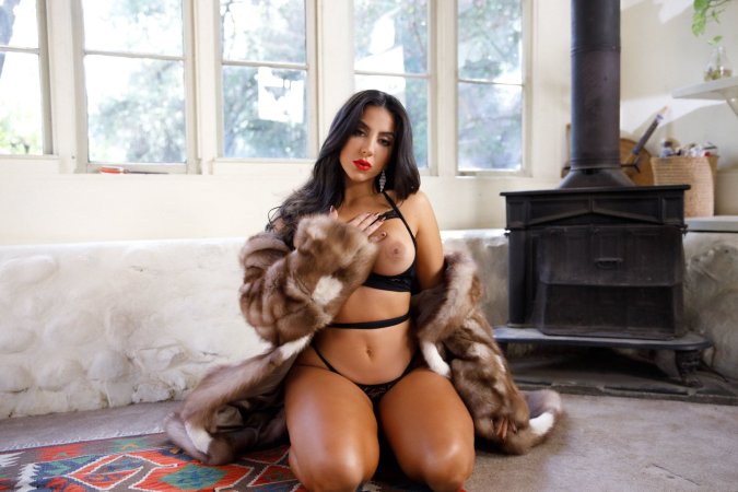Lena The Plug in fur and lingerie poses by the fireplace photo 7