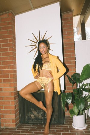Kira Noir in lingerie posing on couch with plants and brick fireplace photo 1