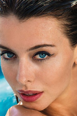 Roxanna June solo in red lips black boots on teal chair and poolside photo 19